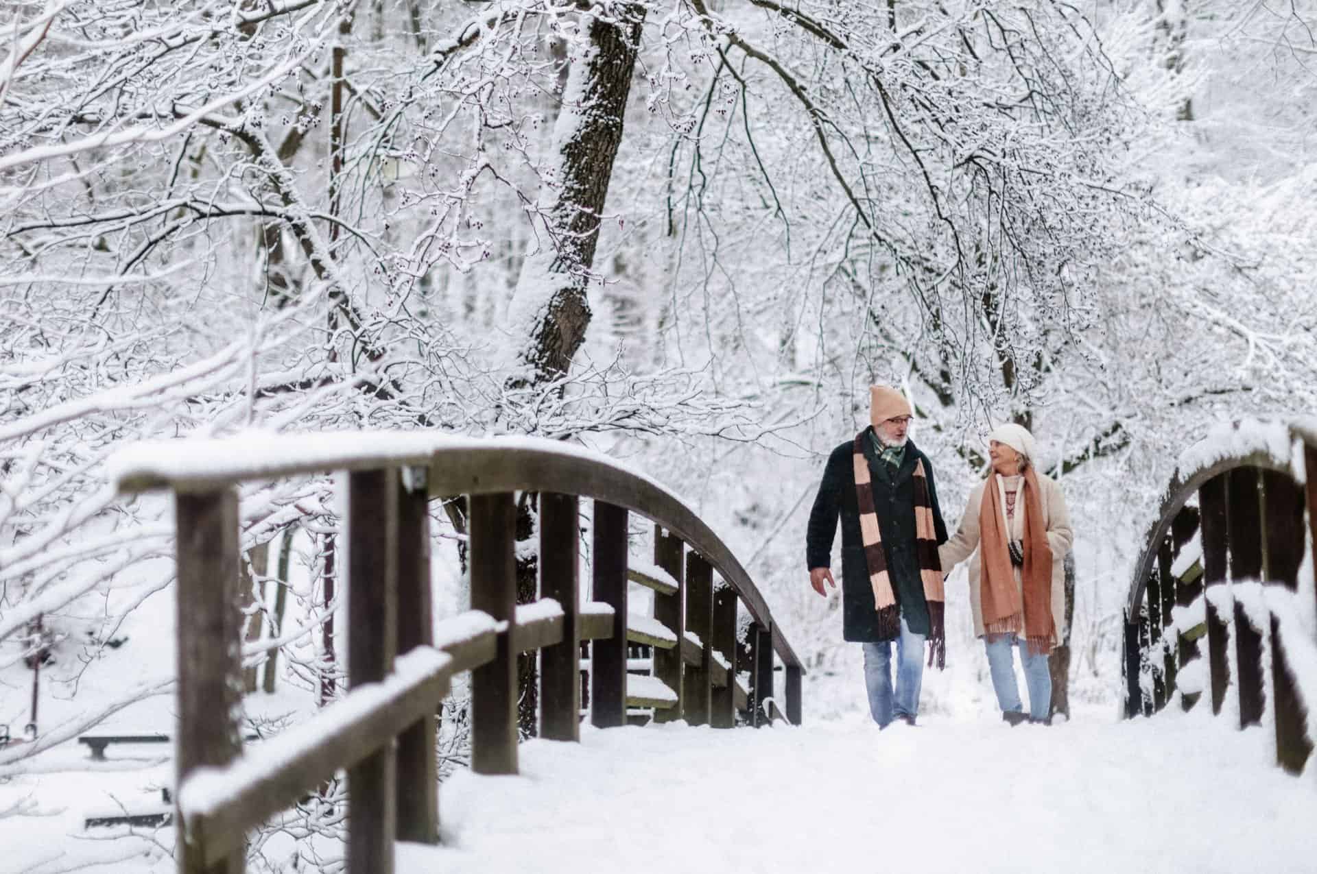 A couple walking across a bridge in the snow.